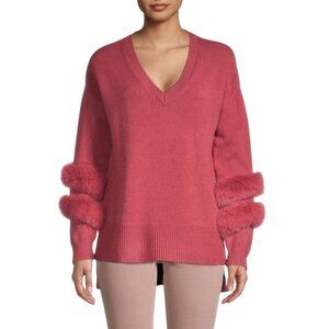 Saks Fifth Avenue Dusty Pink Faux Fur Trim V Neck Sweater Super Soft Size M